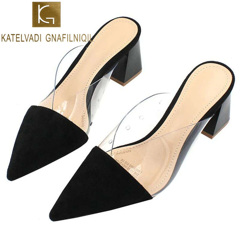 

KATELVADI Summer Slippers 7CM Block Heels Pointed Toe Ladies Party Shoes Black Flock Clear PVC Slipper Outdoor Slippers K-413