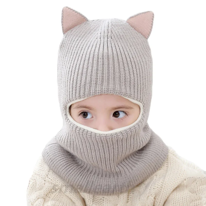 Милая шапка с кошачьими ушками для мальчиков и девочек, детская зимняя теплая вязаная шапка с толстым бархатом и воротником, Детская ветрозащитная шерстяная шапка, шарф - Цвет: gray