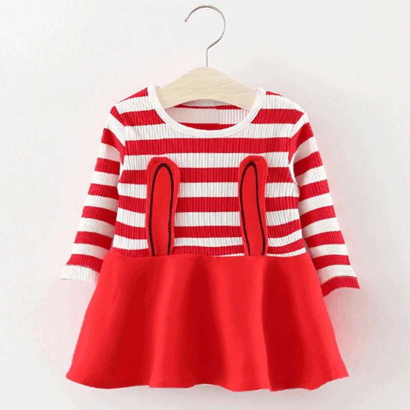 Melario/платье для малышей; весенне-осенние платья в полоску для маленьких девочек; однотонное платье принцессы с длинными рукавами; повседневные Детские плиссированные платья с длинными ушками - Цвет: AX600 Red