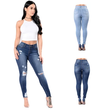 

New Blue Jeans Pancil Pants Women High Waist Slim Hole Ripped Denim Jeans Casual Stretch Skinny Trousers Jeans