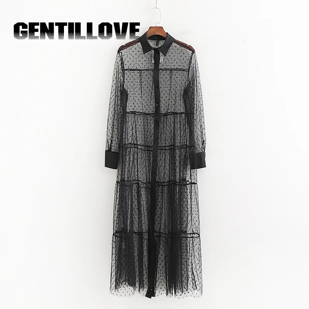 

Perspective Women Stylish Polka Dot Patchwork Transparent Midi Shirt Dress Long Sleeve Female Chic Sexy Mesh Dresses 2019 Summer