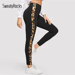 SweatyRocks контрастная леопардовая лента леггинсы для активного отдыха Женская высокая талия обтягивающие леггинсы 2019 весенние модные легкие
