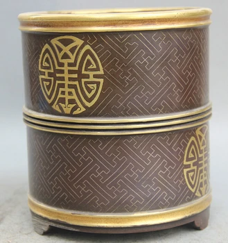 

USPS to USA S2596 6" Marked Chinese Dynasty palace Bronze Gild word circular Brush Pot pencil vase