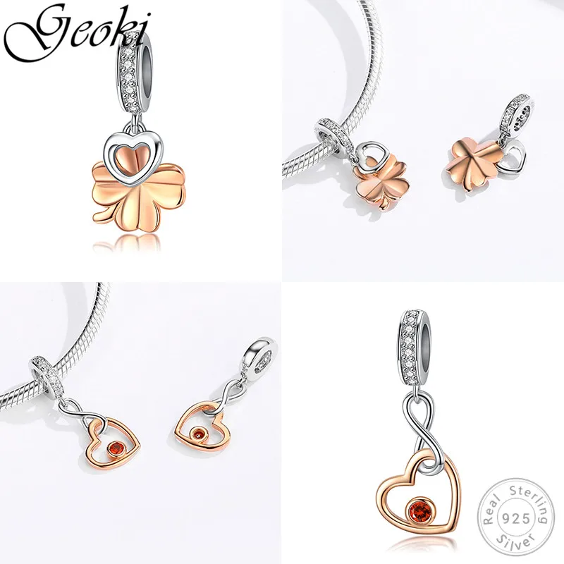 

Geoki 925 Sterling Silver Rose Gold Clover Heart Charms fit Original Pandora Bracelet diy Cute Red Cubic Zirconia Flower Beads