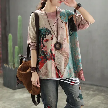 

Retro Print Peking Opera Sweaters Women 2019 Spring Autumn O-Neck Long Sleeve Soft Knit Cotton Mori Girl Pullover Tops