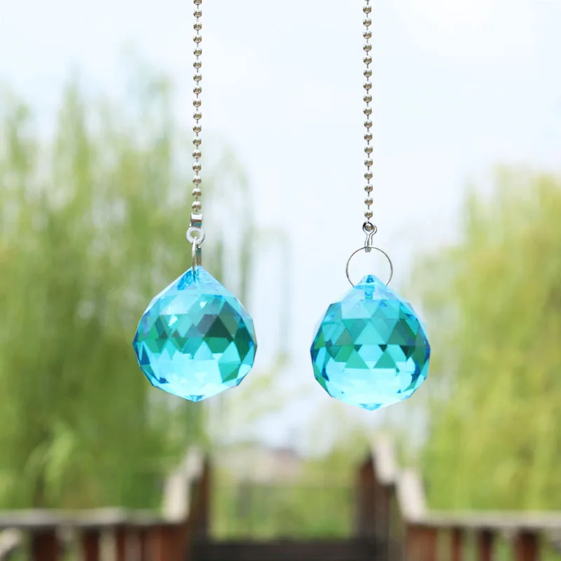 

H&D Set of 2 Crystal Sky Blue Ball Prisms Ceiling Fan Part Pull Rainbow Suncatcher For Window Hanging Ornament Home Garden Decor