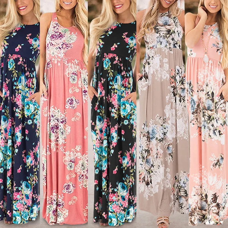 

Bohemian Long Maxi Floor-Length Sleeveless Boho Dress Floral Print O-Neck Summer 2019 Beach Dresses Female Woman Party Vestidos