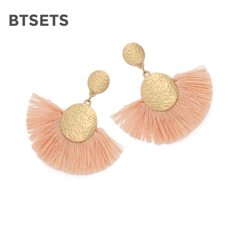 

BTSETS Pink Tassel Statement Earrings For Women Bijoux Handmade Cotton Fan Fringe Hanging Drop Earrings Fashion Jewelry