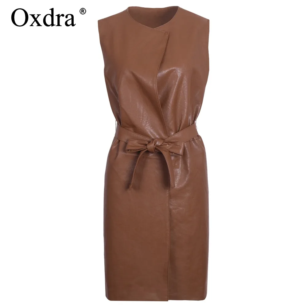 Oxdra 2018 Spring Autumn New Sleeveless Pu Leather Long jackets Women Solid Color Turn Down Collar Sashes Jackets Outerwear Oxdra 2018 Spring Autumn New Sleeveless Pu Leather Long jackets Women Solid Color Turn Down Collar Sashes Jackets Outerwear