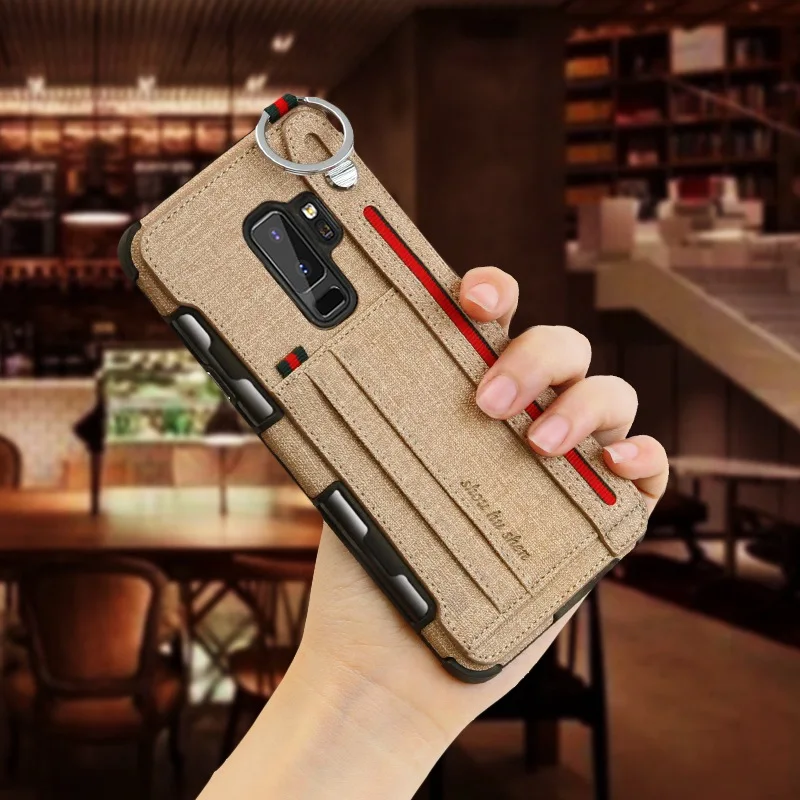

Canvas Cloth TPU Rubber Card Case for Samsung Galaxy S9 S8 Plus Full Protection Shockproof Cover with Wristband Strap Stand