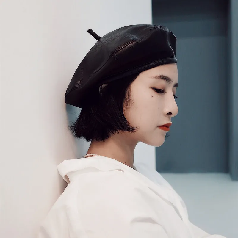LANMREM шляпа/ берет PU Лоскутная кромка весенние корейские черные красные шляпы Женская Ретро шапка для художника YF980 - Цвет: black