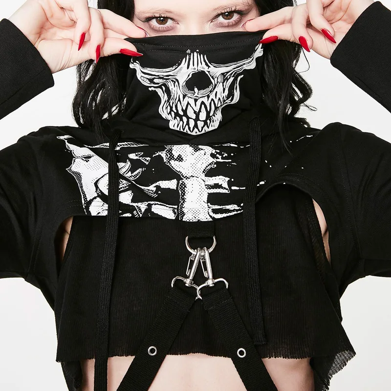  InstaHot Gothic Punk Hooded Hoodies Women Black Skeleton Print Mask Long Sleeve Crop Tops 2019 Fash