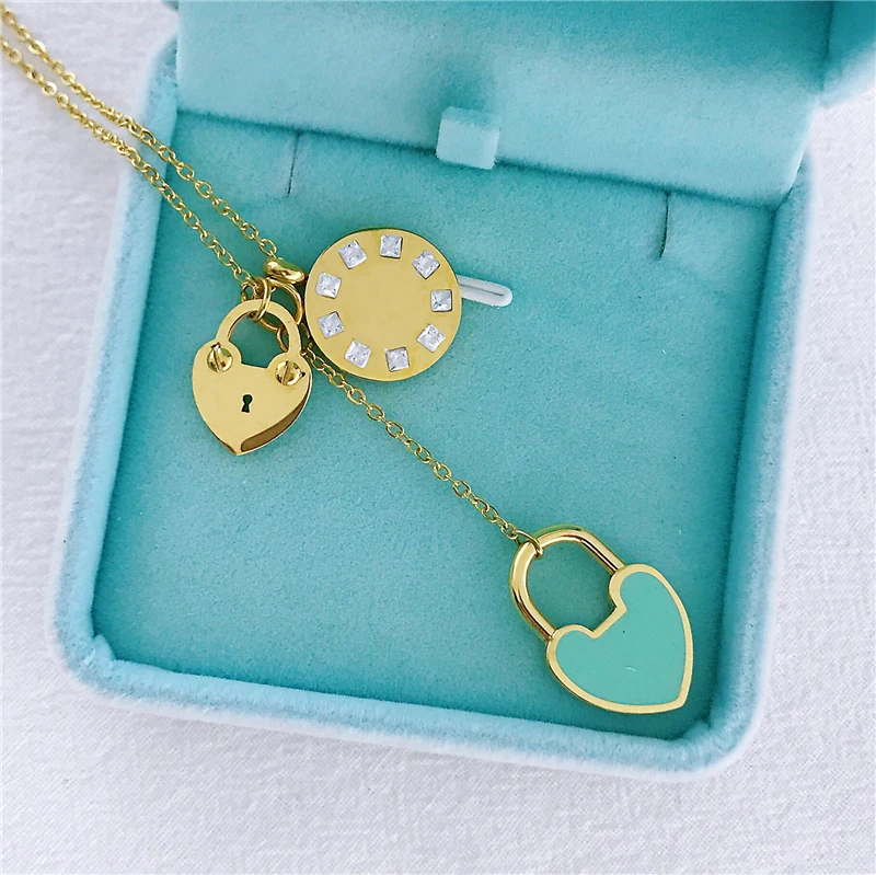 

Key Lock Heart Necklace&Pendant Blue Stainless Steel Brand Design Chain Engraved Letter Necklace Earings Charm Women Jewelry