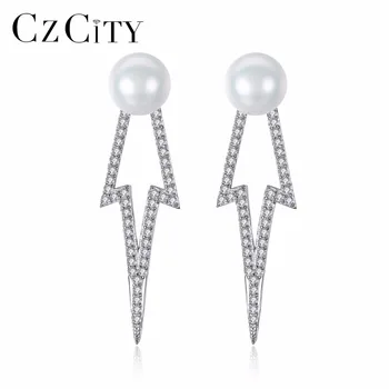 

CZCITY 925 Sterling Silver Big Stud Earring Vintage Style Tiny CZ Lovely Pearl Earrings for Women Party Gift Fine Jewelry