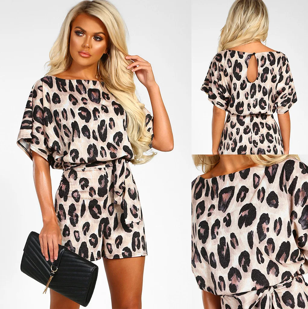 

Womens Leopard O-Neck Leopard Casual Short Sleeve Wide Leg Pants Strappy Short Jumpsuit combinaison femme#35#35