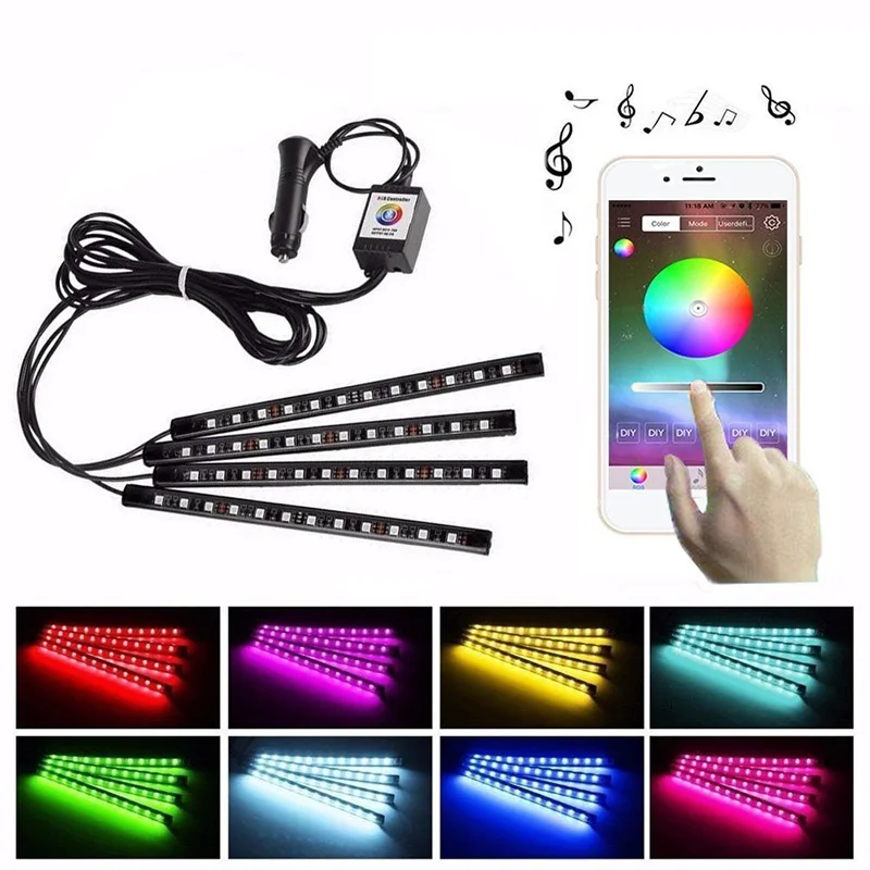 

Car LED Atmosphere Lamp 4 in 1 DC 12V 48 LEDs RGB Remote / APP Control Auto Interior Decorative Light Footwell Styling Lights