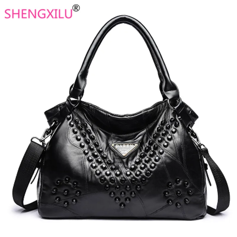 Shengxilu, натуральная кожа, женские сумки,, для девушек, известный бренд, дизайнерская, с заклепками, Роскошная сумочка, для женщин, шоппер, сумки через плечо