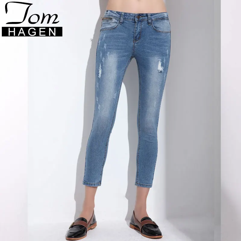 

Tom Hagen Female Jean Vaqueros Mujer Slim Pencil Pants For Women Ripped Jeans For Women Skinny Denim Capri Jeans Femme Stretch