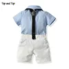 Partes de arriba para recién nacidos, conjunto de verano para bebés, camisa de manga corta a rayas con pajarita + monos, 2 uds. ► Foto 2/6