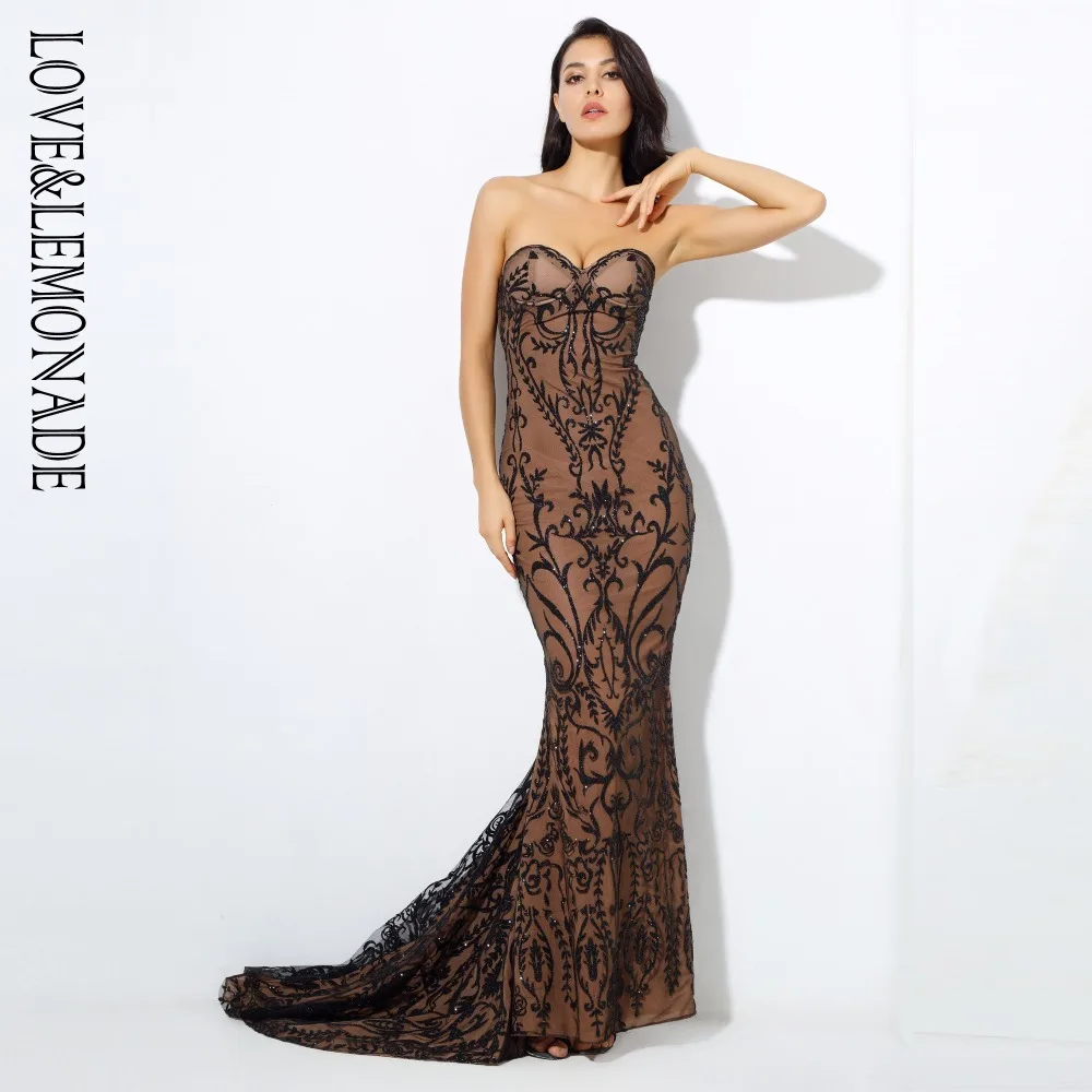 

Love&Lemonade Symmetry Flower Vine Beads Painted Long Dress Black/Nude LM0386