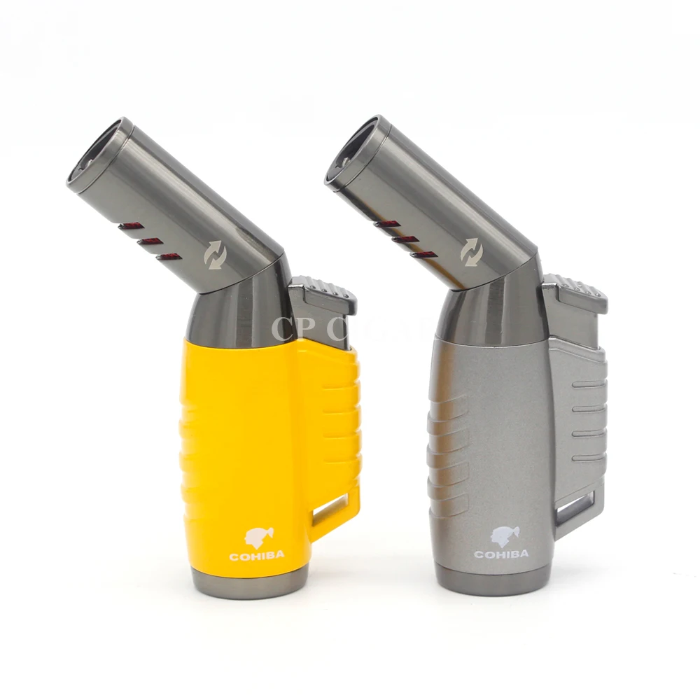 COHIBA Yellow Grey Metal Rotatable Gasline Triple Flame Torch Windproof