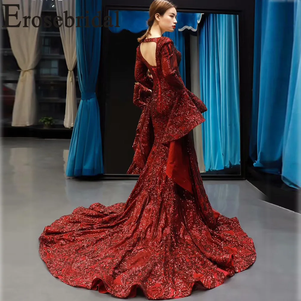 Erosebridal Новое поступление полный расклешенный рукав Свадебные платья бордовый v-образный вырез платье русалки роскошные свадебное платье с кружевами для женщин