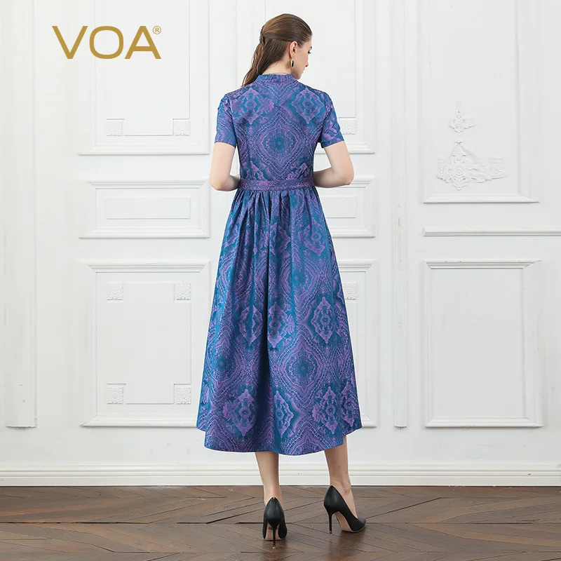 VOA шелковое жаккардовое фиолетовое подиумное платье-рубашка женское длинное Свободное платье с коротким рукавом винтажное элегантное женское простое платье A1910