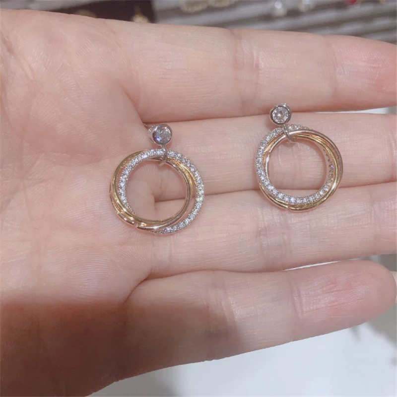 

2019 New Arrival Trendy Luxury Two Circles Stud Earrings Golden Round Pave Stones Studs For Women In Wedding Bridal PartyE03429
