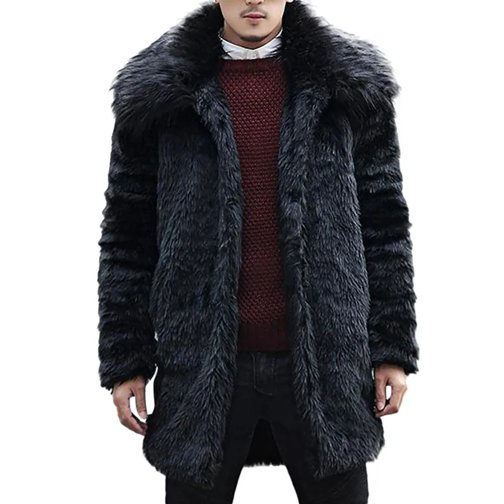 Fur Coat Mens Winter Warm Thick Fur Collar Coat Jacket Faux Fur Parka ...