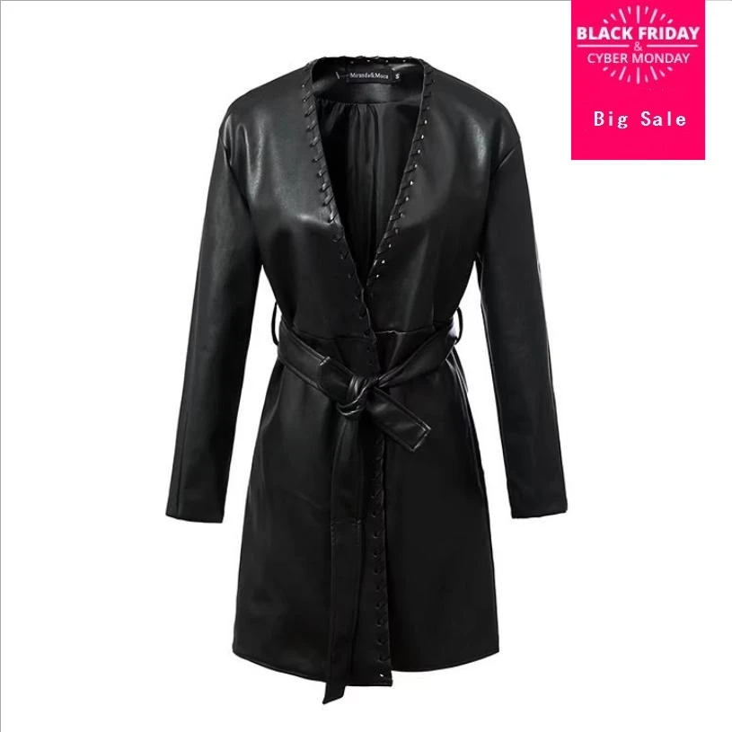 Autumn lace up black PU leather trench coat women fashion