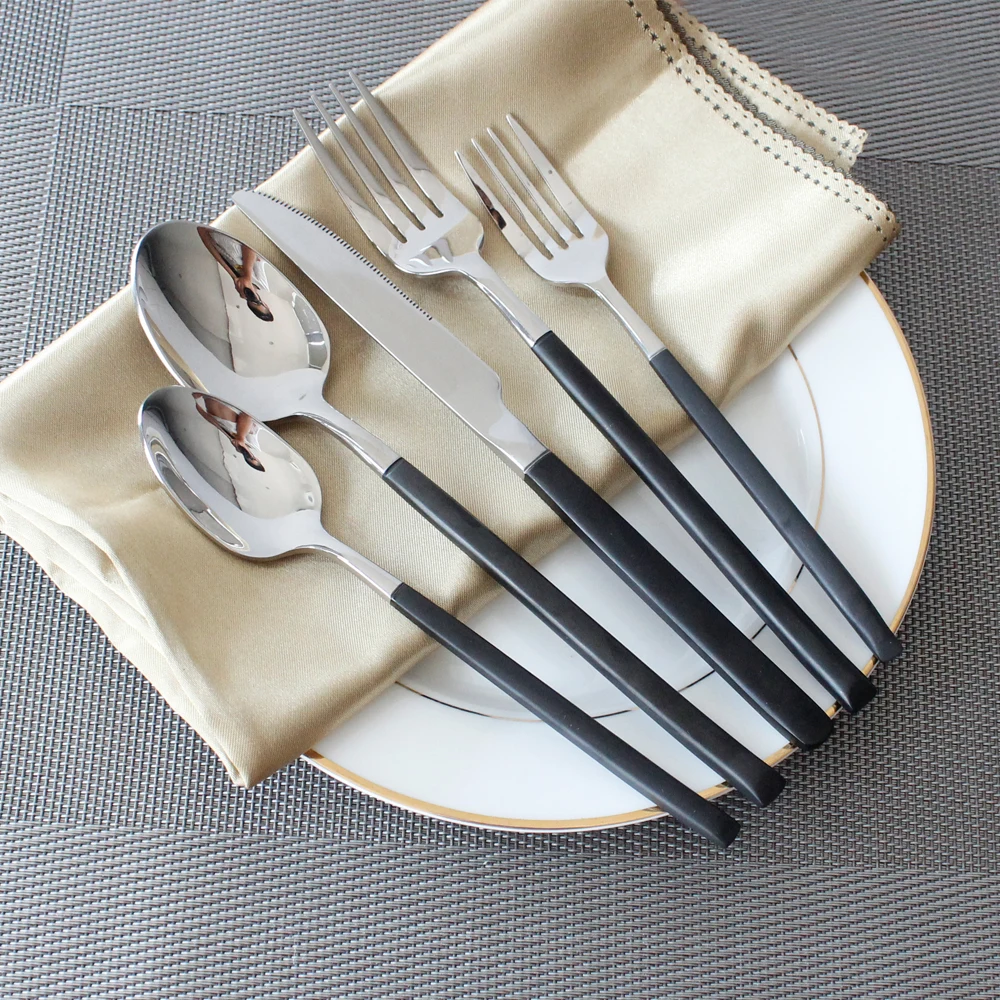 

5Pcs/set 304 Stainless Steel Tableware Excellent Quality Cutlery Sets Black Handle Dinnerware Dessert Fork Knife