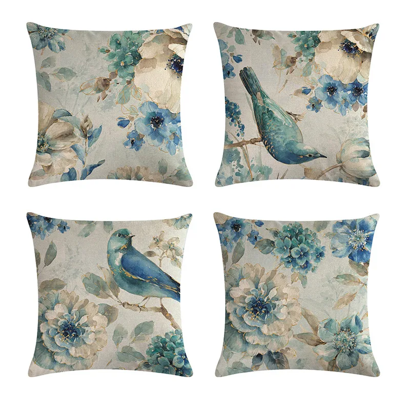 

4pcs/lot Birds Flowers Pattern Linen Throw Pillows American Country Style Cushion Covers Car Home Decor Sofa Decorative Pillows