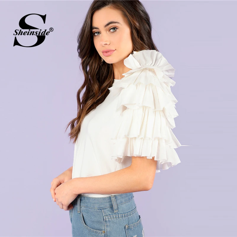 Sheinside Plain White Layered Sleeve Workwear Tops Office Ladies Ruffle Regular Fit Stretch Casual Women Summer T-shirt