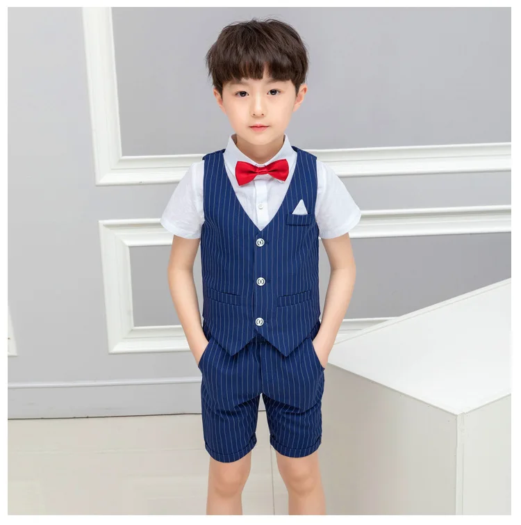Комплекты одежды для маленьких мальчиков новая летняя детская официальная одежда короткая рубашка + клетчатое пальто + шорты детские