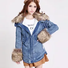 Для женщин джинсовая куртка с Мех животных осень зима Корейская мода Drawstring Регулируемая Талия теплая овечья шерсть лайнер джинсы для