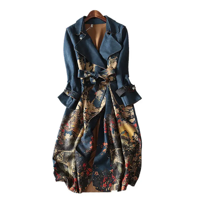 

NEW Autumn and Winter Suede Long Sleeve Trench Coat Women Plus Size Retro Slim Animal Pattern Long Windbreaker With Belt f1078