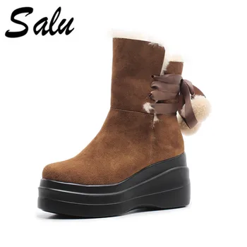 

Salu brown ankle Boots Fashion Cow Leather wedges High Heel lace-up Design Women Motorcycle Boots Size 34-39