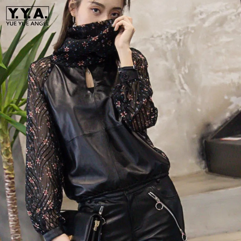 

Steetwear Female Loose Real Sheep Leather Chiffon Spliced Sheepskin Women Solid Black Long Sleeve Flower Printed Fashion Blouse