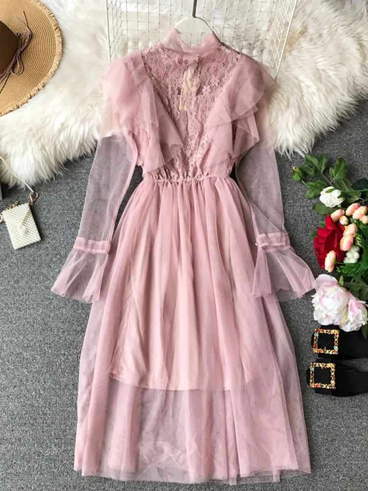 Платье Kawaii корейское длинное Сетчатое платье винтажные платья с рюшами женское