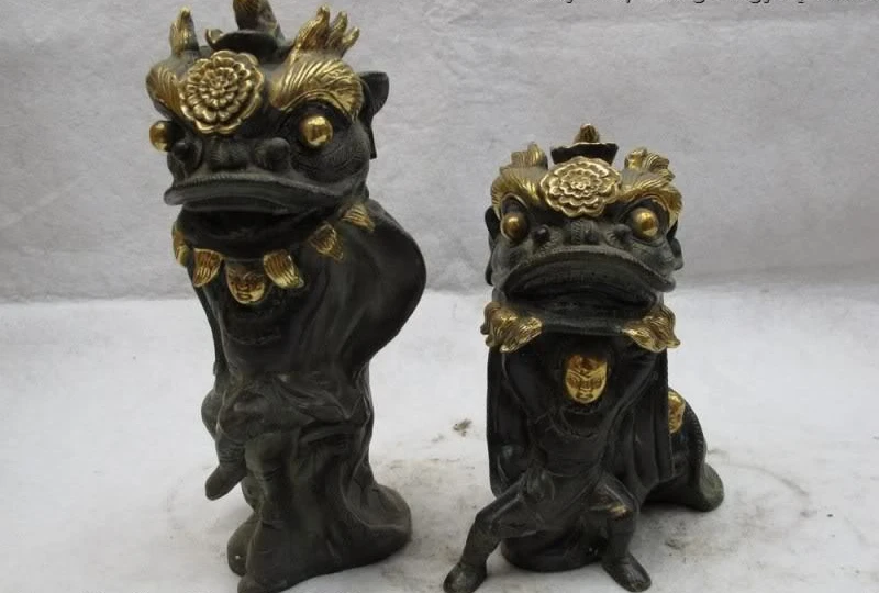 

China Classic Bronze Copper Gilt China Folk Kultur Boy dance Lion Head game Pair