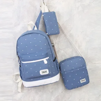 

Litthing Unisex Canvas Student Shoulder Bag Three-piece Set School Bag Wave Point Water-proof Travel Backpack