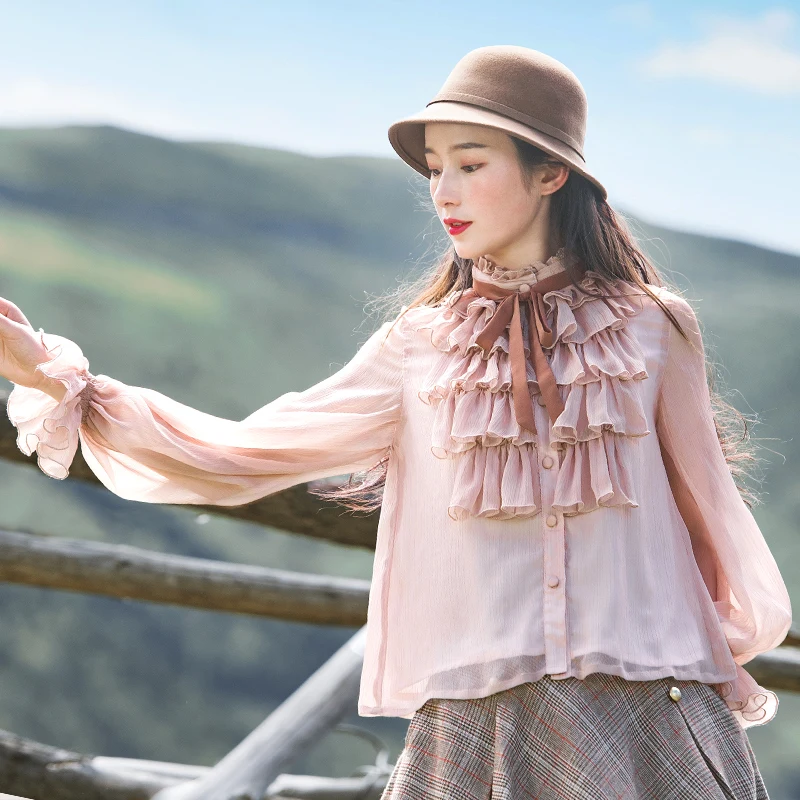 Free Shipping Boshow 2019 New Fashion Pink And White Shirts For Women Long Lantern Sleeve Ruffles Blouses Tops S-L Spring Autumn