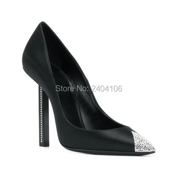 

Shooegle Luxury Runway Black White Satin Shoes Slip On Women Sexy Pointed Toe Bridal Wedding Pumps Rhinestone Studded High Heels