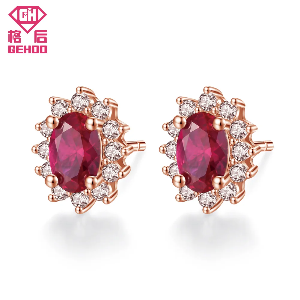 

GEHOO Oval Red Pretty Garnet CZ Zircon Paved Real 925 Sterling Silver Wedding Jewelry Retro Earrings Women Mom Gift Brincos