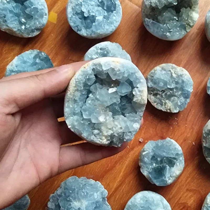 

100% Natural celestine stone vug crystal ball cavity. Specimen of open crystal clusters home decorated ball