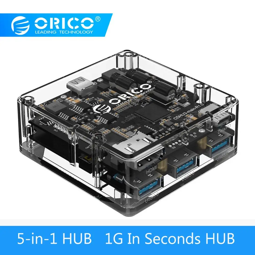 

ORICO Type-C USB3.0 HUB Transparent USB HUB Multi-Function 5-In-1 Type-C to Type-C/HDMI/USB3.0 Ports For Macbook Huawei Laptop
