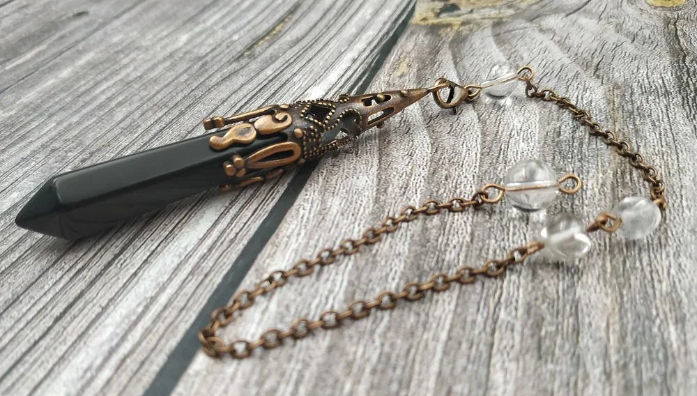 

YA3981 Antique Bronze Cap Black Obsidian Quartz Point Healing Pendulum Chain