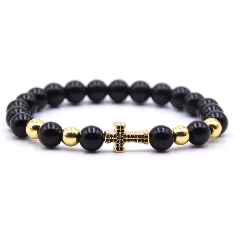 

Kang hua 2019 Trend charm jewelry 8mm Bright black stone bead bracelet Micro Pave CZ cross men&women bracelets Bijoux