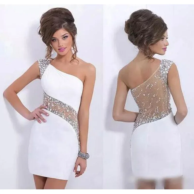 2017 Cheap White One Shoulder Homecoming Dresses Beaded Sequined