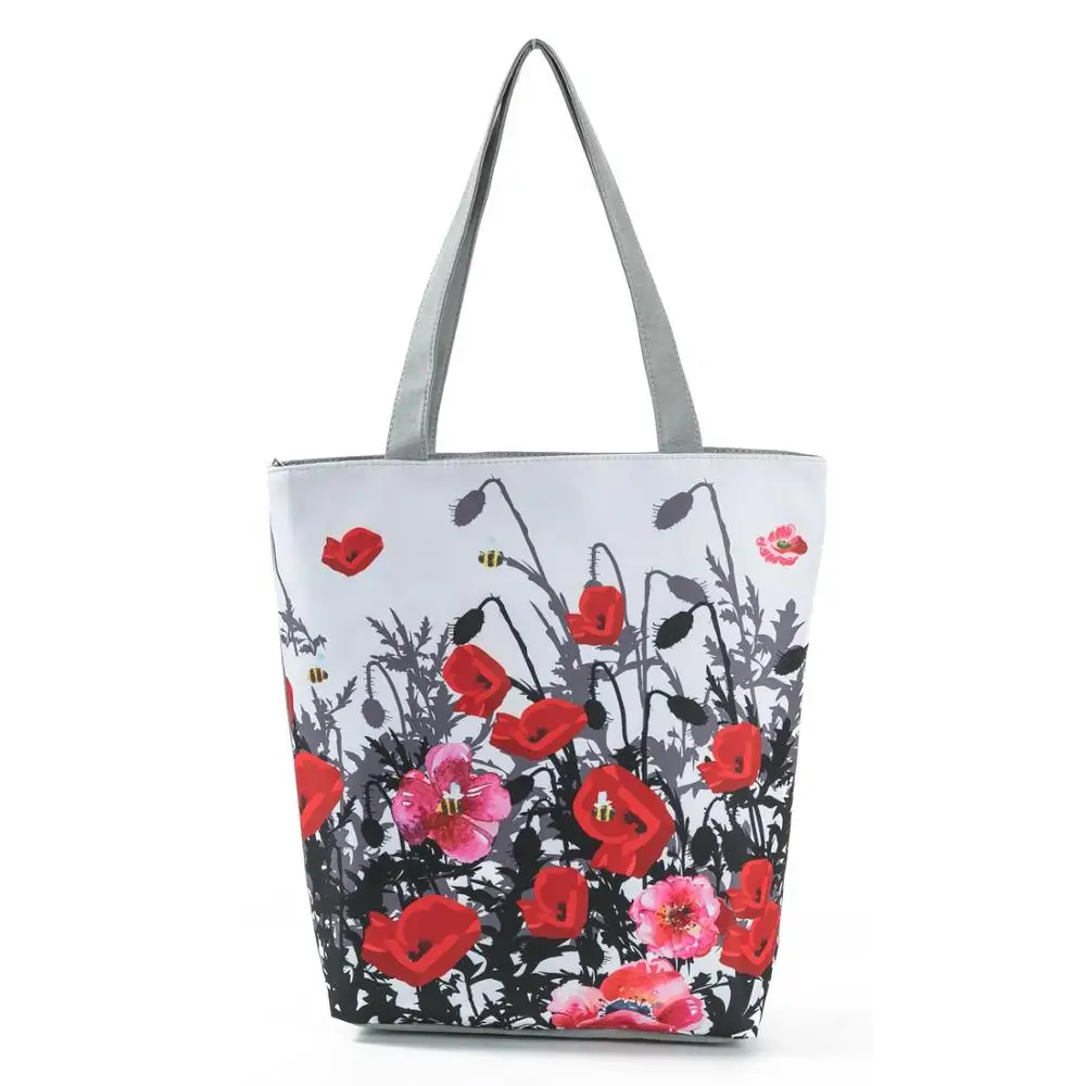 Red Floral Printed Handbag Eco Reusable High Capacity Foldable Shopping Bag Plant Floral Outdoor Travel Tote Can Custom Pattern